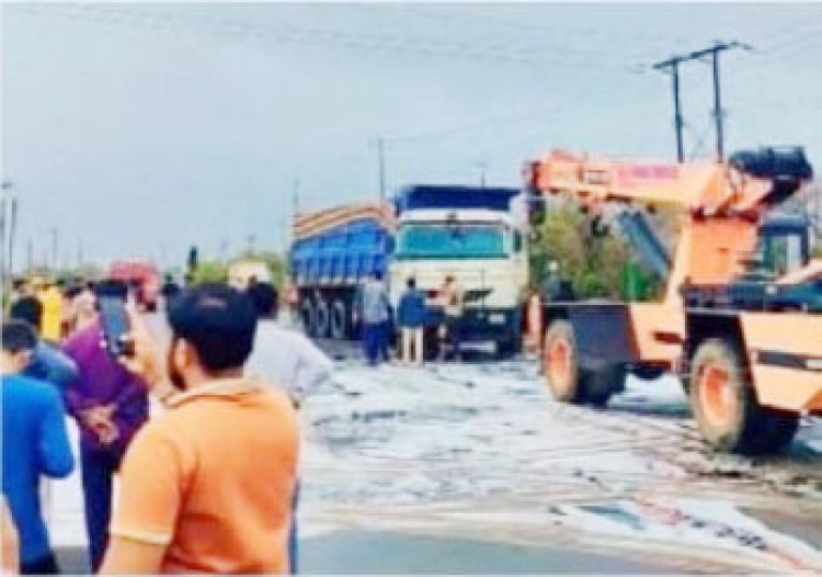 ખંભાળીયા - પોરબંદર હાઈવે પર ભાડથર નજીક ટ્રક સાથે પેટ્રોલ ટેન્કર અથડાયું